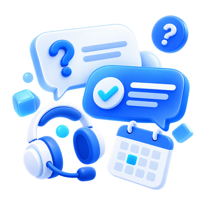 Illustration of a free consultation: support chat, answered questions and booking a call with CoderBeam