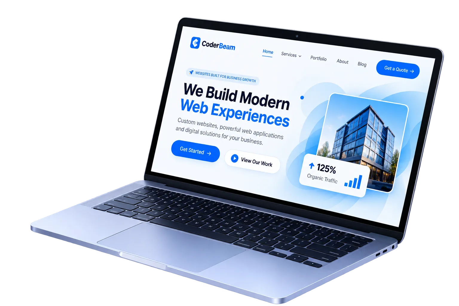 CoderBeam website shown on a laptop