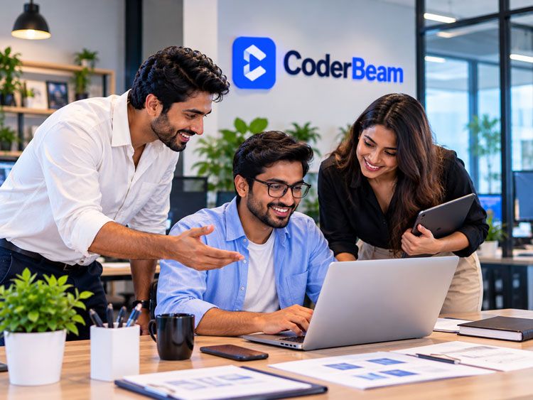 CoderBeam team reviewing a website project together