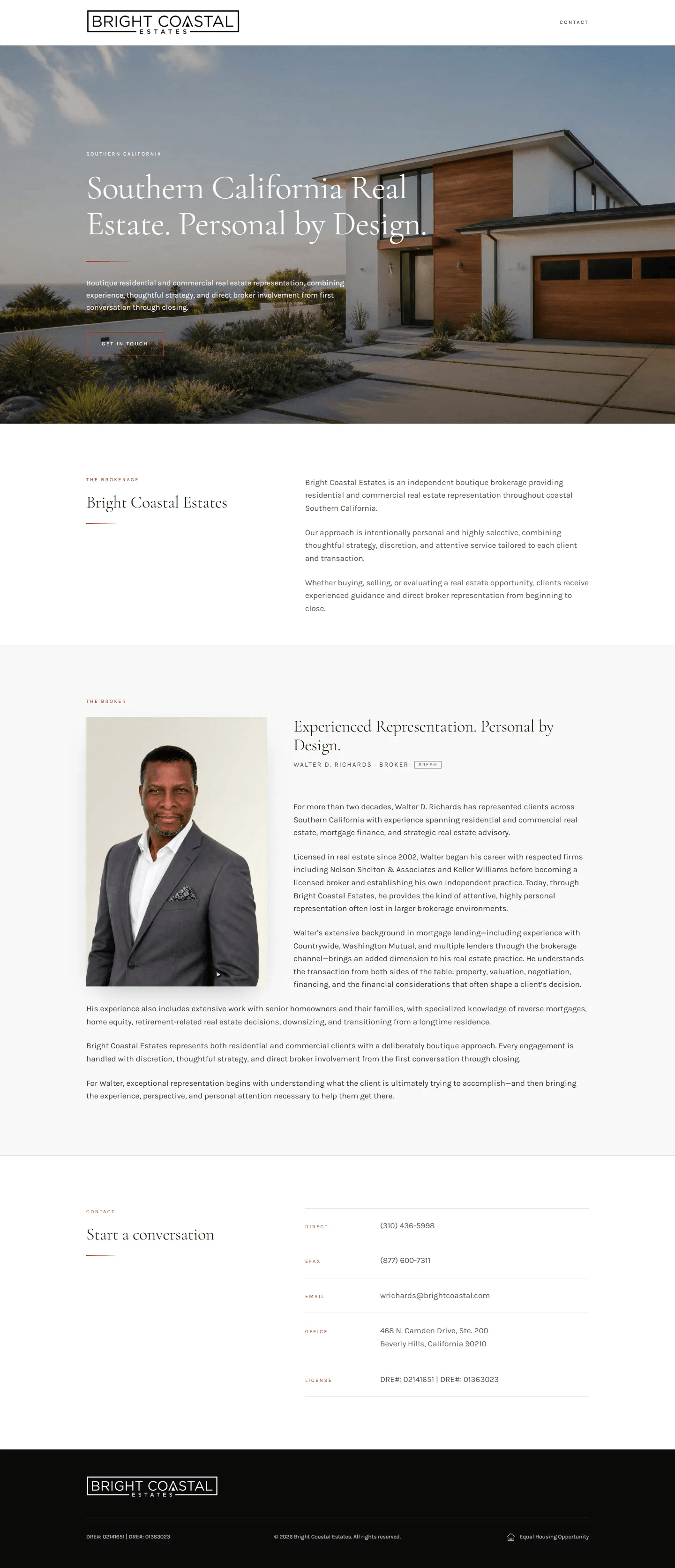 Bright Coastal Estates website, Home page, desktop view