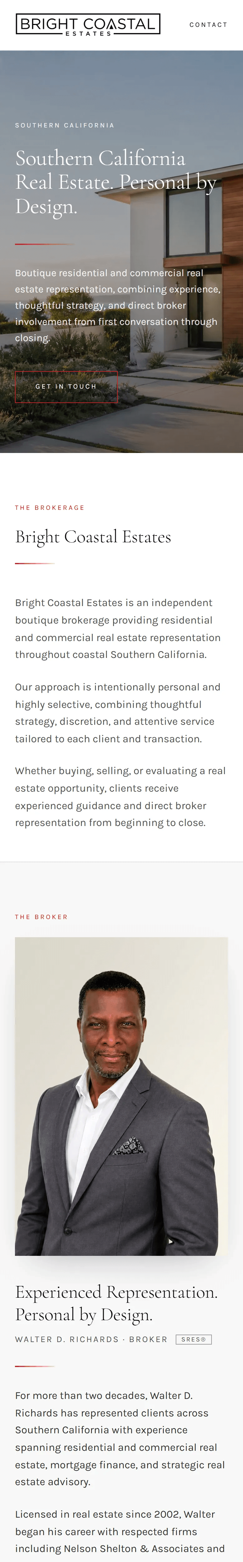 Bright Coastal Estates website, Home page, mobile view