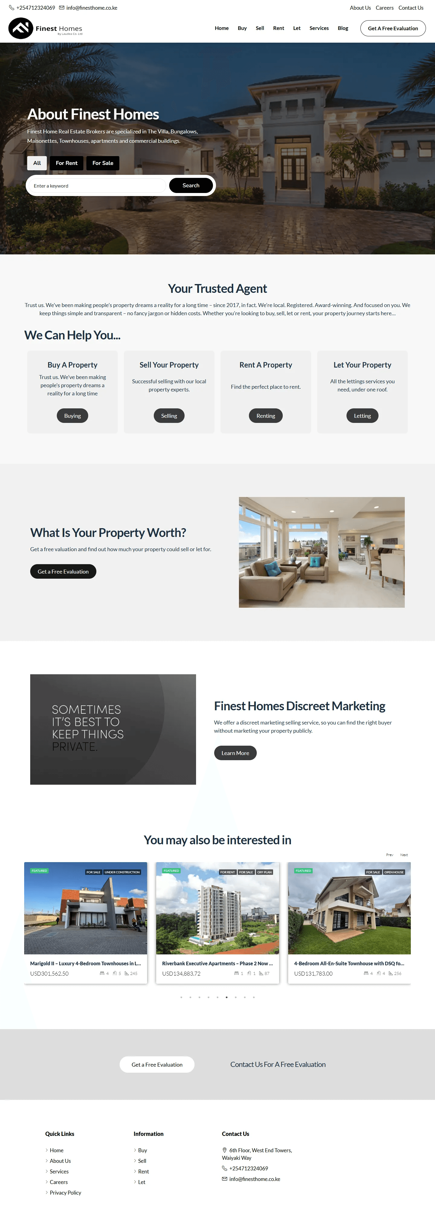Finest Home Real Estate website, Home page, desktop view