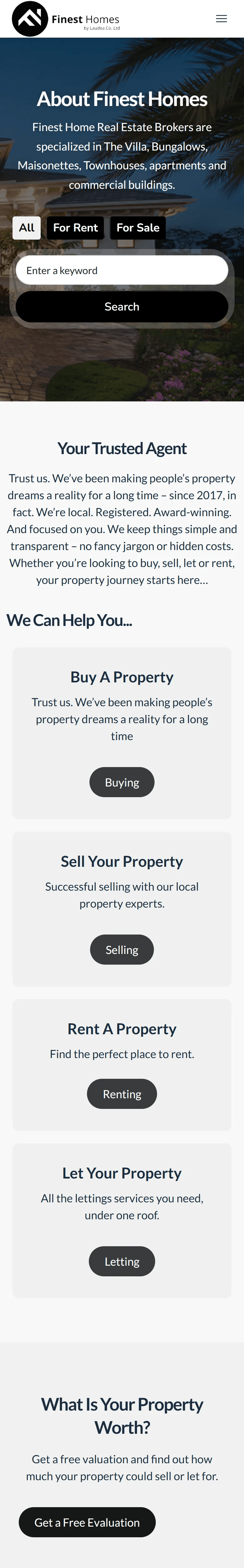 Finest Home Real Estate website, Home page, mobile view