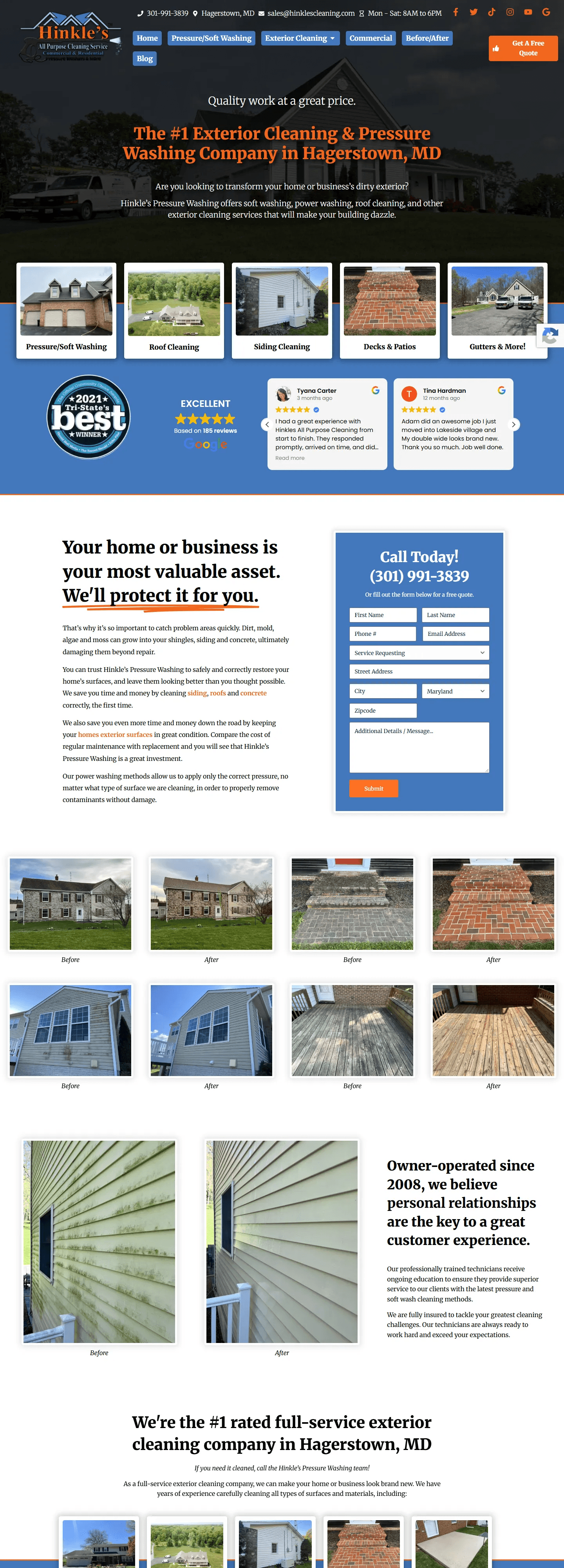 Hinkle's Pressure Washing website, Home page, desktop view
