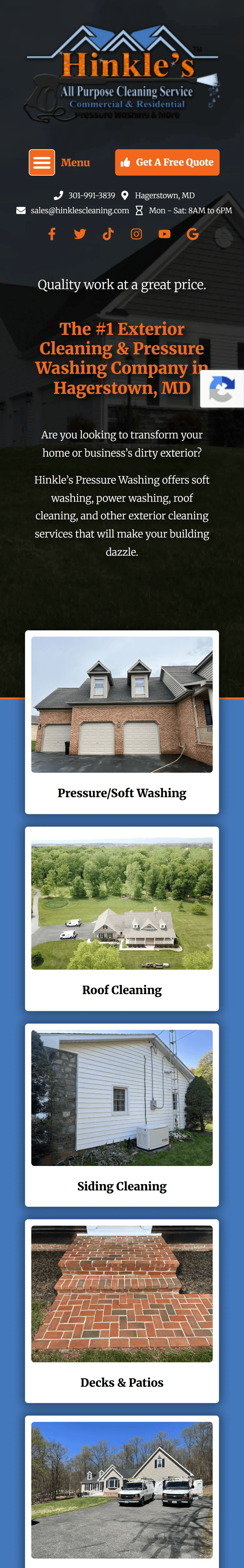 Hinkle's Pressure Washing website, Home page, mobile view