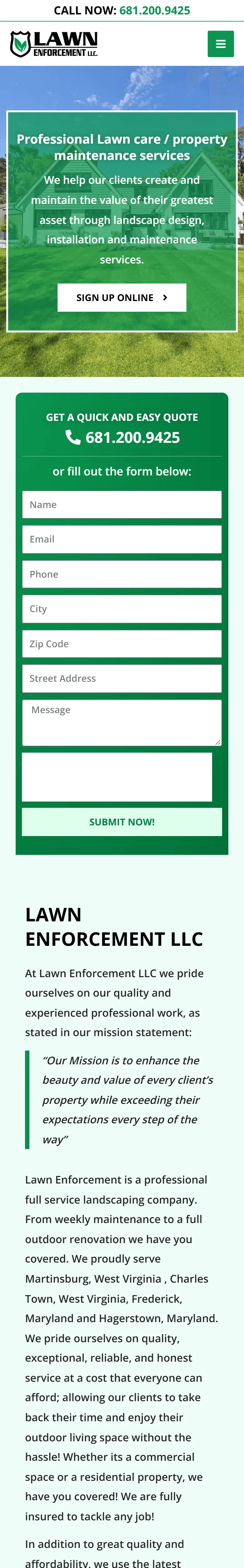 Lawn Enforcement website, Home page, mobile view