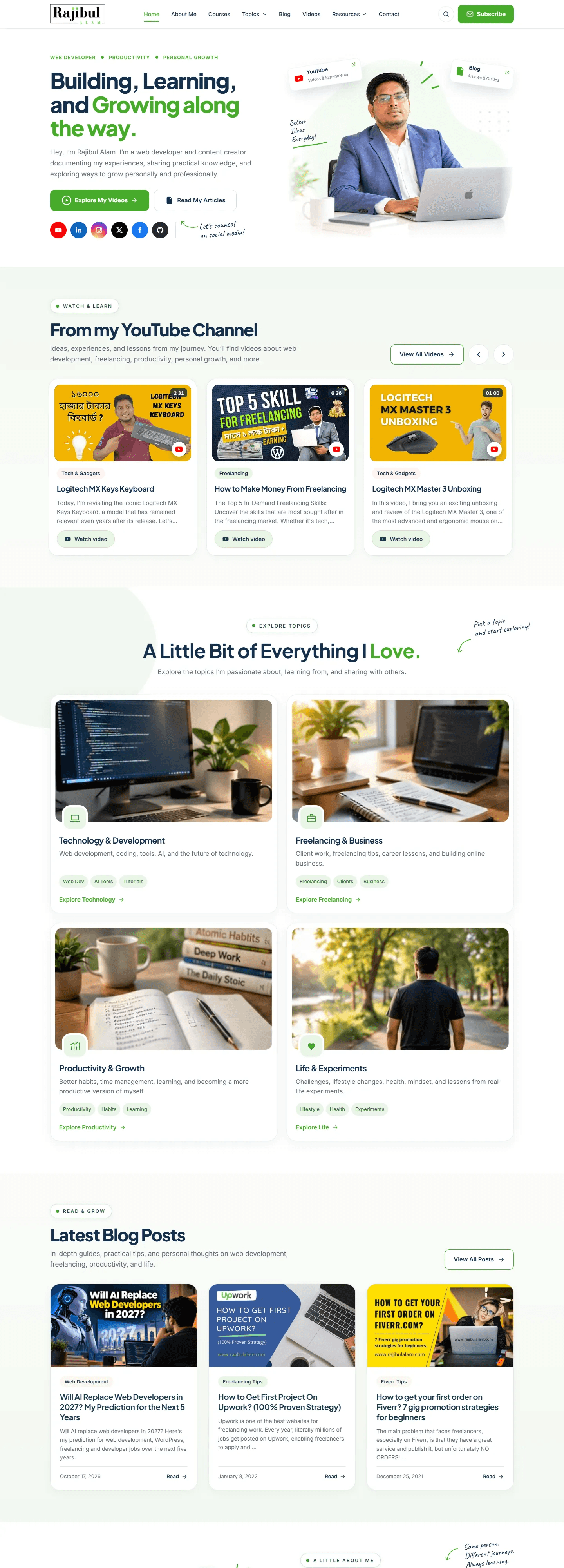 Rajibul Alam website, Home page, desktop view