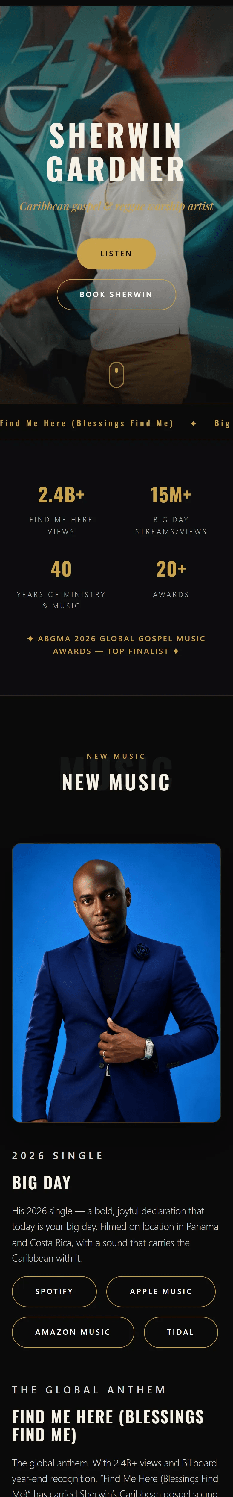 Sherwin Gardner website, Home page, mobile view